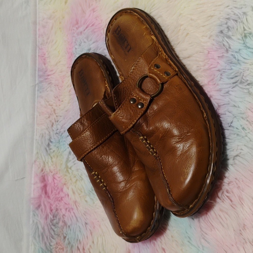 Born Brown Leather Slip-On Clogs with Ring Accent